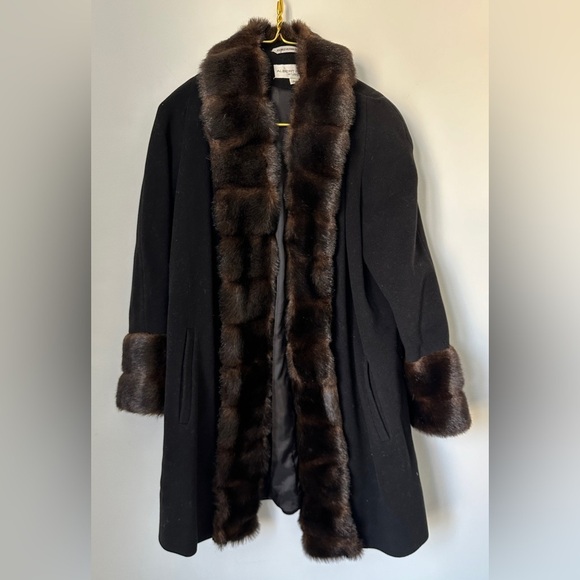Vintage Albert Nipon Studio Black Lambswool Blend Brown Faux Fur Overcoat PM - Picture 2 of 7